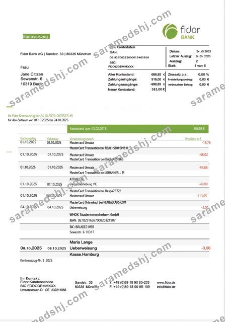 Germany Fidor Bank statement Word and PDF template